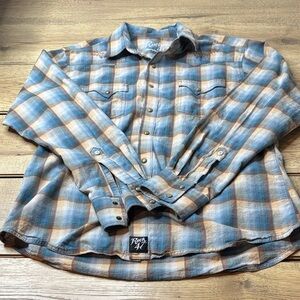 Men's Wrangler Rock 47 Plaid Pearl Snap Shirt Blue and Brown Size Large